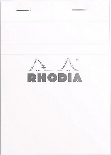 #13 top staplebound notepad with a white cover, from Rhodia.  Measures 4 x 6" 80 Sheets (160 Pages) Available in Lined & Graph White Acid-Free Paper Paper Weight: 80 GSM