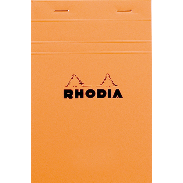 #14 top staplebound notepad with an orange cover, from Rhodia.  Measures 4 ⅜ x 6 ⅜" 80 Sheets (160 Pages) Available in Lined & Graph White Acid-Free Paper Paper Weight: 80 GSM