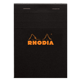 #16 top staplebound notepad with a black cover, from Rhodia.  Measures 6 x 8 ¼" 80 Sheets (160 Pages) Available in Blank, Lined, Dot, Graph & Meeting White Acid-Free Paper Paper Weight: 80 GSM