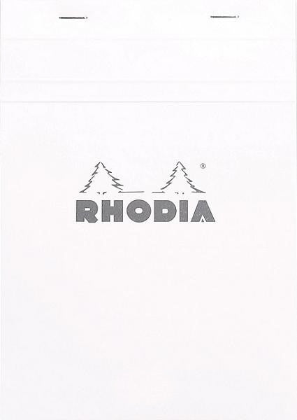 #16 top staplebound notepad with a white cover, from Rhodia.  Measures 6 x 8 ¼" 80 Sheets (160 Pages) Available in Lined, Graph & Meeting White Acid-Free Paper Paper Weight: 80 GSM