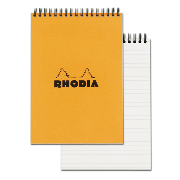 #16 top wirebound notepad with an orange cover, from Rhodia.  Measures 6 x 8 ¼" 80 Sheets (160 Pages) Available in Lined, Dot & Graph White Acid-Free Paper Paper Weight: 80 GSM