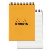 #16 top wirebound notepad with an orange cover, from Rhodia.  Measures 6 x 8 ¼" 80 Sheets (160 Pages) Available in Lined, Dot & Graph White Acid-Free Paper Paper Weight: 80 GSM
