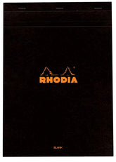 #18 top staplebound notepad with a black cover, from Rhodia.  Measures 8 ¼ x 11 ¾" 80 Sheets (160 Pages) Available in Blank, Lined, Dot & Graph White Acid-Free Paper Paper Weight: 80 GSM