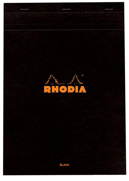 #18 top staplebound notepad with a black cover, from Rhodia.  Measures 8 ¼ x 11 ¾" 80 Sheets (160 Pages) Available in Blank, Lined, Dot & Graph White Acid-Free Paper Paper Weight: 80 GSM