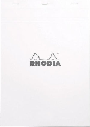 #18 top staplebound notepad with a white cover, from Rhodia.  Measures 8 ¼ x 11 ¾" 80 Sheets (160 Pages) Available in Lined & Graph White Acid-Free Paper Paper Weight: 80 GSM