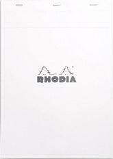 #18 top staplebound notepad with a white cover, from Rhodia.  Measures 8 ¼ x 11 ¾" 80 Sheets (160 Pages) Available in Lined & Graph White Acid-Free Paper Paper Weight: 80 GSM