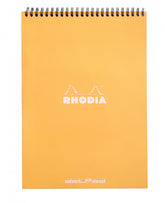 #18 top spiralbound notepad with an orange cover, from Rhodia.  Measures 8 ¼ x 11 ¾" 80 Sheets (160 Pages) Dot Paper White Acid-Free Paper Paper Weight: 80 GSM