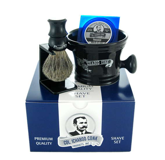 Colonel Conk Shave Set- Black Apothecary Mug, Badger Brush, Stand & Natural Soap