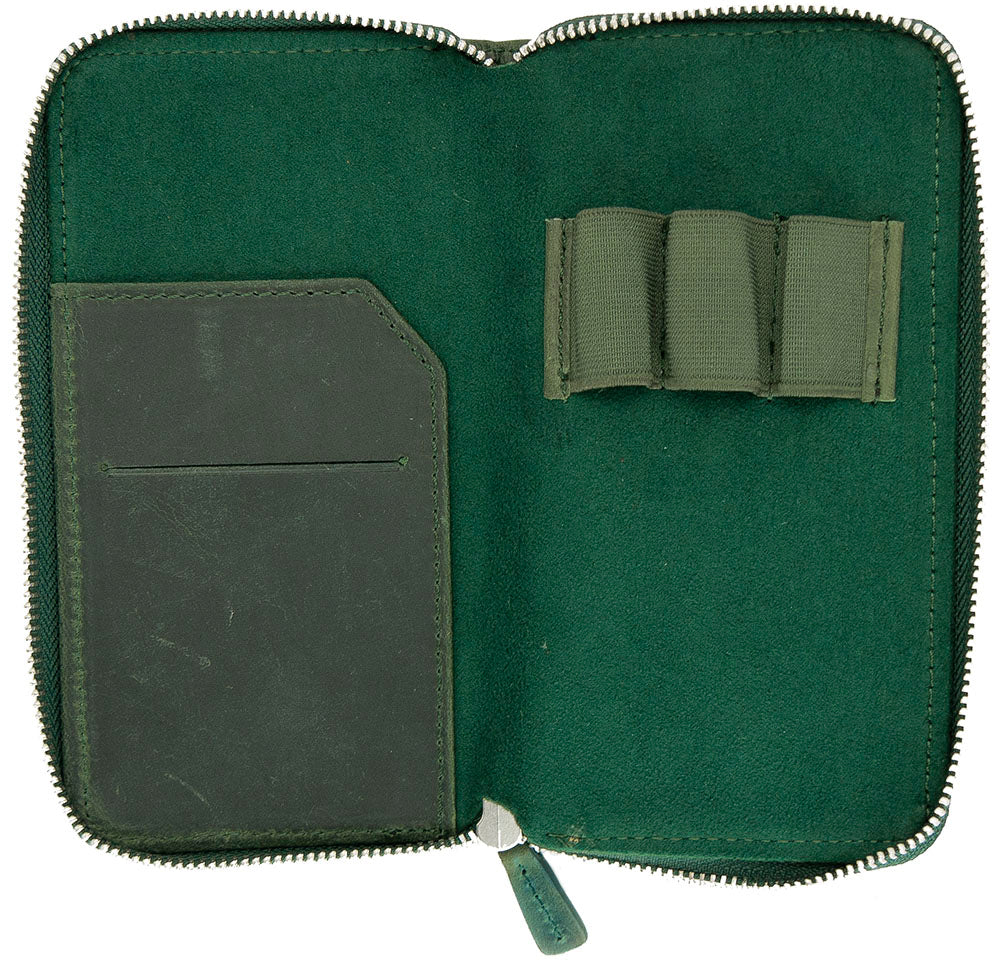Galen Leather Co. Zippered 3 Slot Pen Case- Crazy Horse Forest Green