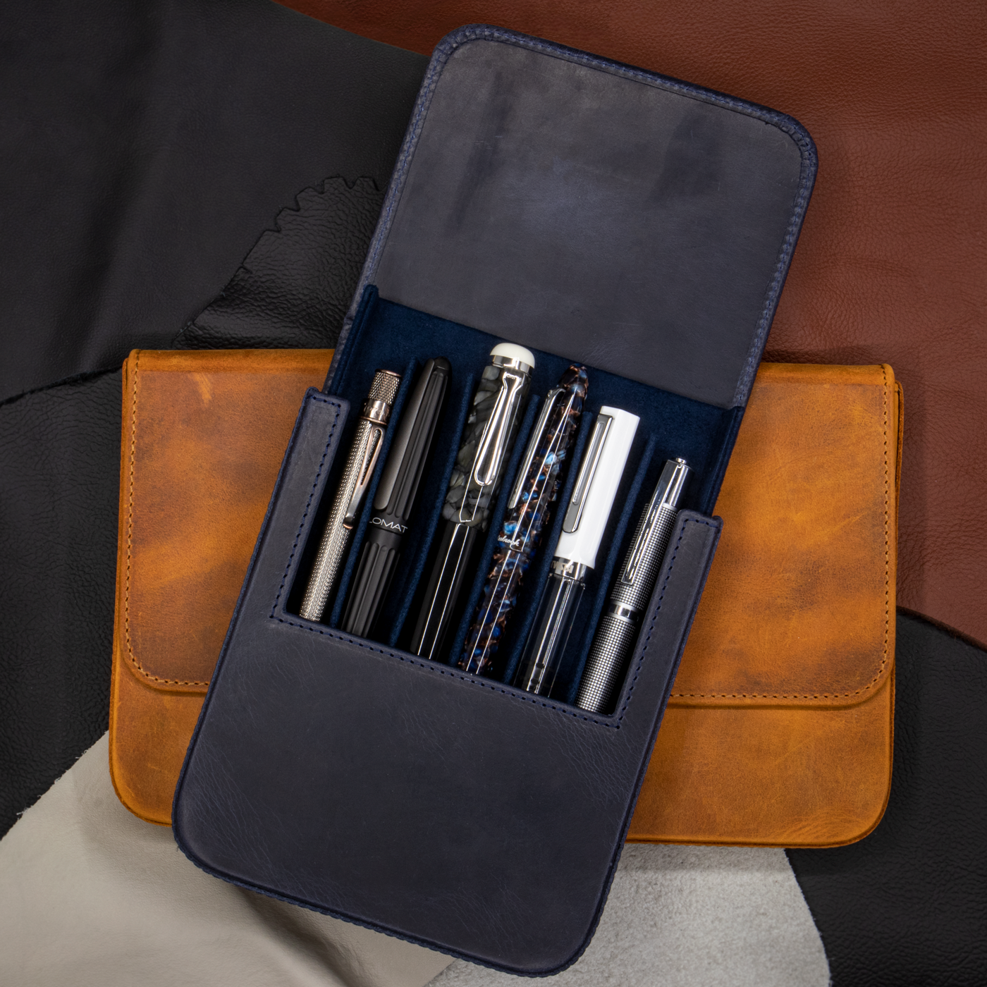 Galen Leather Co. Magnum Opus 12 Slot Magnetic Hard Pen Case- Navy Blue