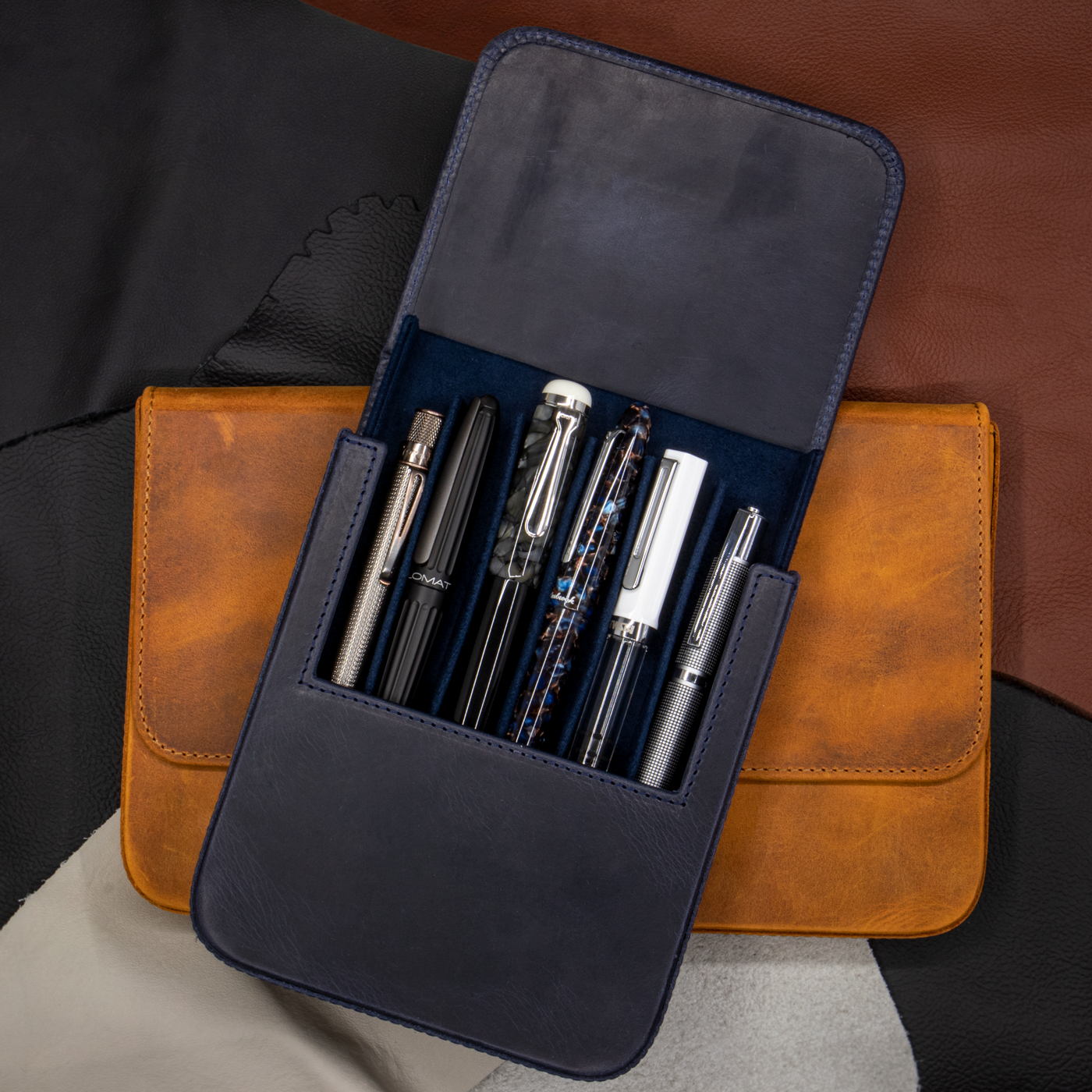 Navy Blue Leather Hard Pen Case with Removable 6 Slots Pen Tray