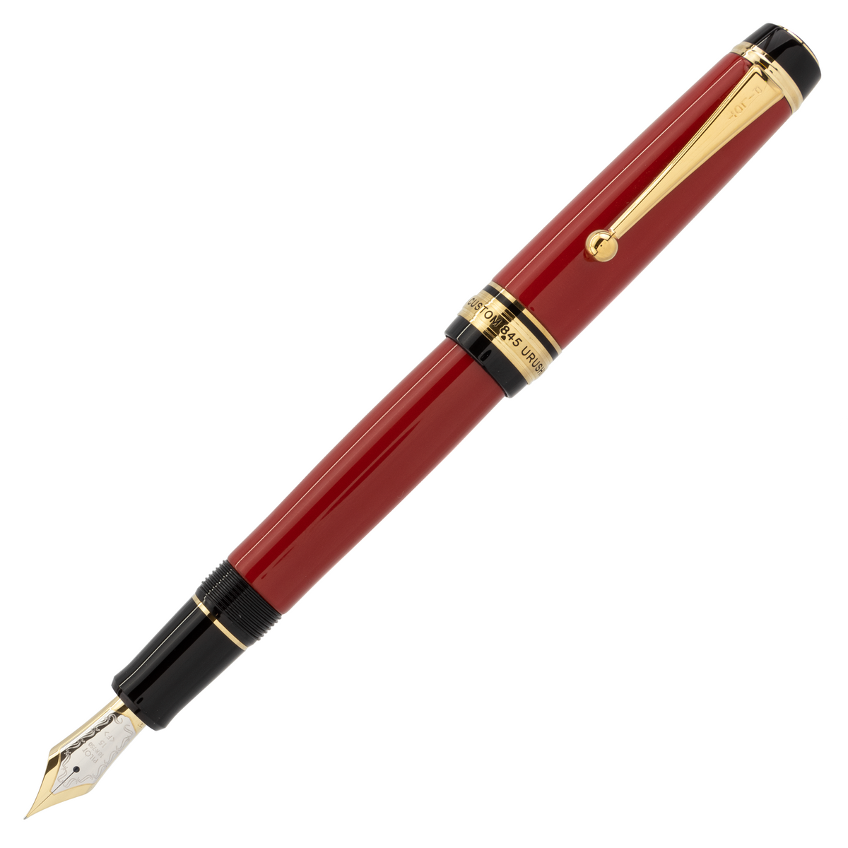  Each pen barrel in this 845 is skillfully lacquered, cured, and polished three times to create an exquisite, ebonite finish, finished off with gold trim.   Two-toned, 18-karat gold/rhodium Fine/Medium Nib.  Nib #15 Uses Pilot cartridges or included CON-70 converter. 1.5 ounce weight. 6" capped, 5.5" uncapped, posting is not recommended.
