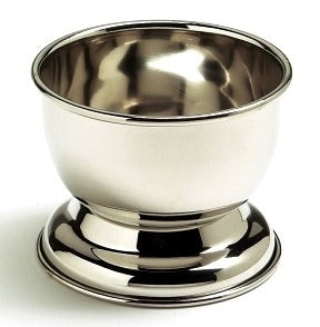 Practical meets handsome in this compact stainless steel shave cup. Mirror finish on the outside, brush finish inside with an anti-tip pedestal base. Col. Conk 2 1/4 oz. shave soap included (scents will vary). Boxed.  Top diameter: 3 1/8" Bottom diameter: 3 1/4" Depth: 1 7/8" Made in Taiwan
