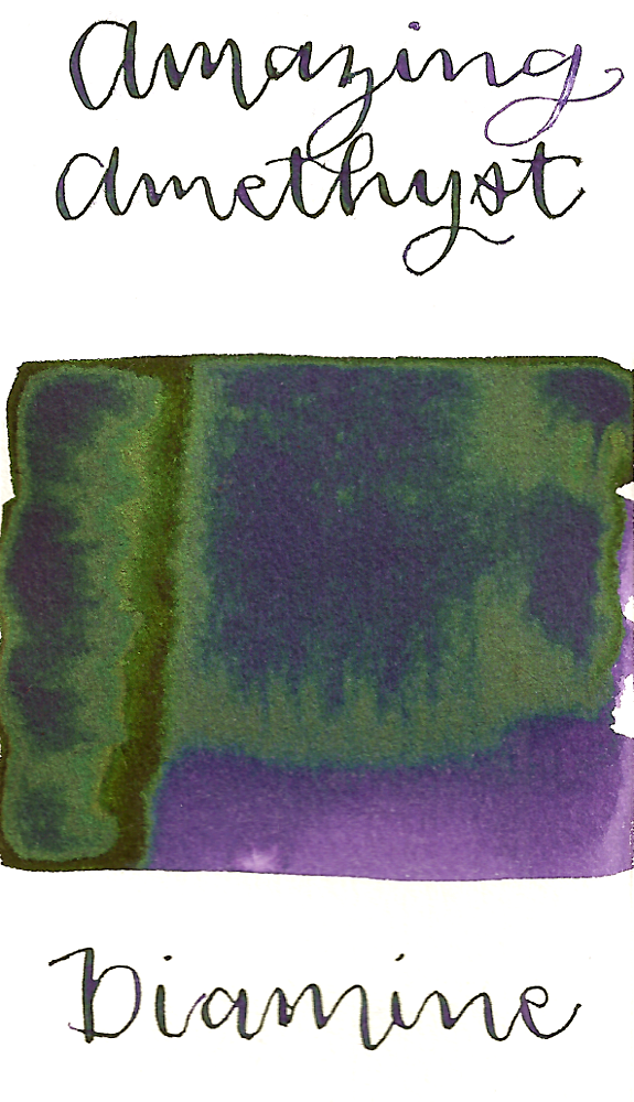 Diamine Amazing Amethyst is a medium purple fountain pen ink that features a vivid green sheen in large swabs.