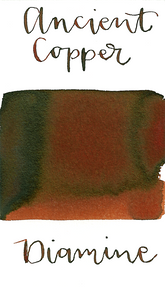 Diamine Ancient Copper is a rusty red-brown fountain pen ink with medium shading and medium brown sheen.