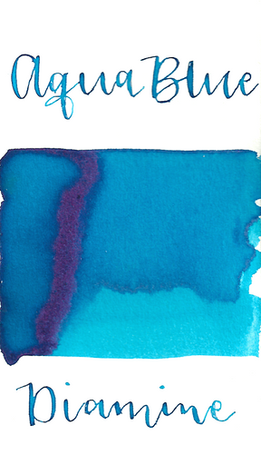 Diamine Aqua Blue is a summery light blue fountain pen ink with low shading and a pop of pink sheen in large swabs.