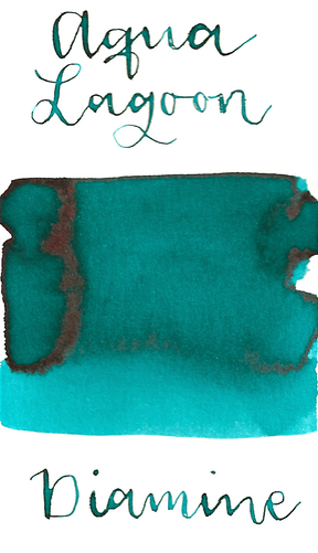 Diamine Aqua Lagoon is a vibrant turquoise fountain pen ink with medium shading and a pop of pink sheen in large swabs. 