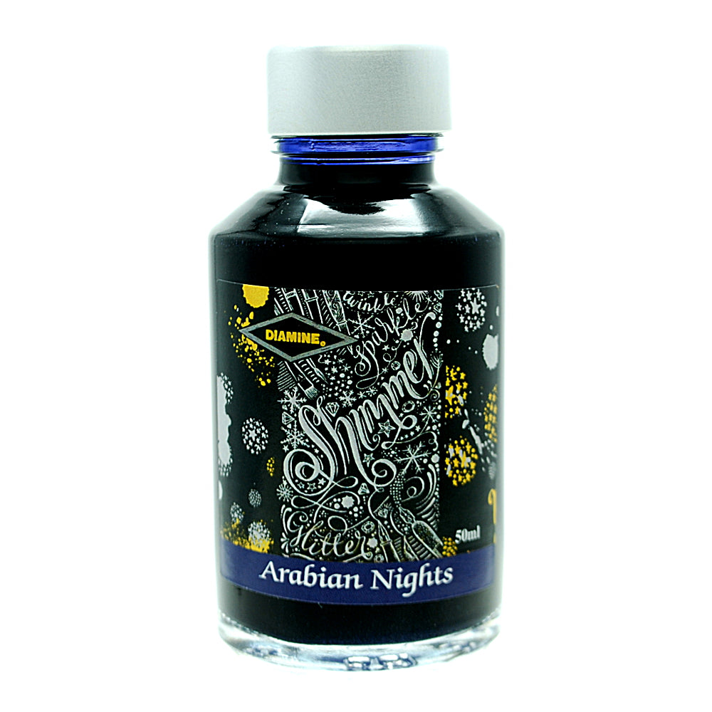 Diamine Shimmertastic Arabian Nights fountain pen ink is available in a 50ml glass bottle.