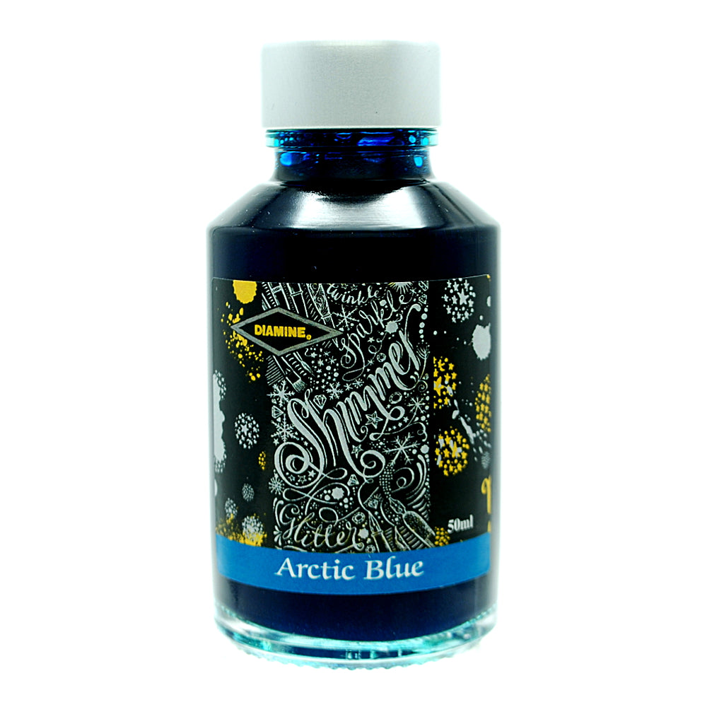 Diamine Shimmertastic Arctic Blue fountain pen ink is available in a 50ml glass bottle.
