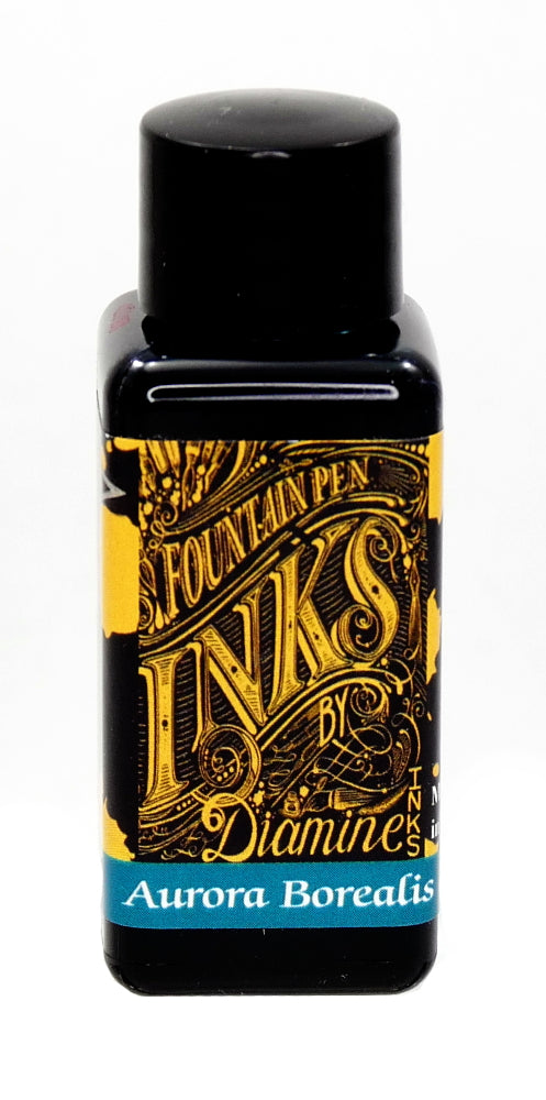 Diamine Aurora Borealis is a medium teal fountain pen ink available in a small plastic 30ml bottle.