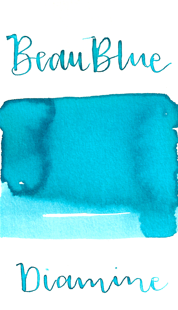 Diamine Beau Blue is a pale baby blue fountain pen ink with medium shading. This ink is very pale, so it performs best in large nib sizes. 