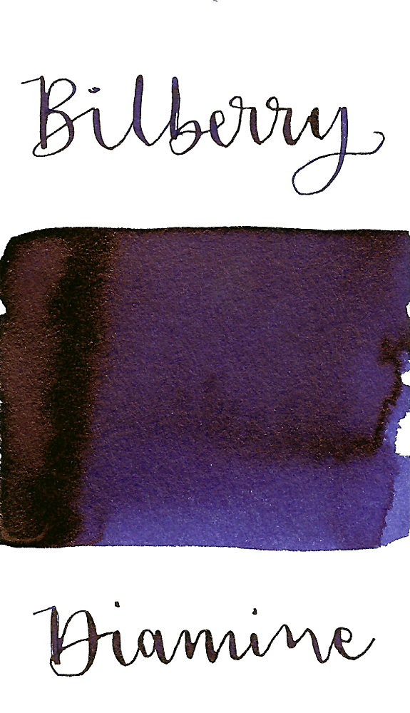 Diamine Bilberry is a dark, cool-toned purple fountain pen ink with medium copper sheen.