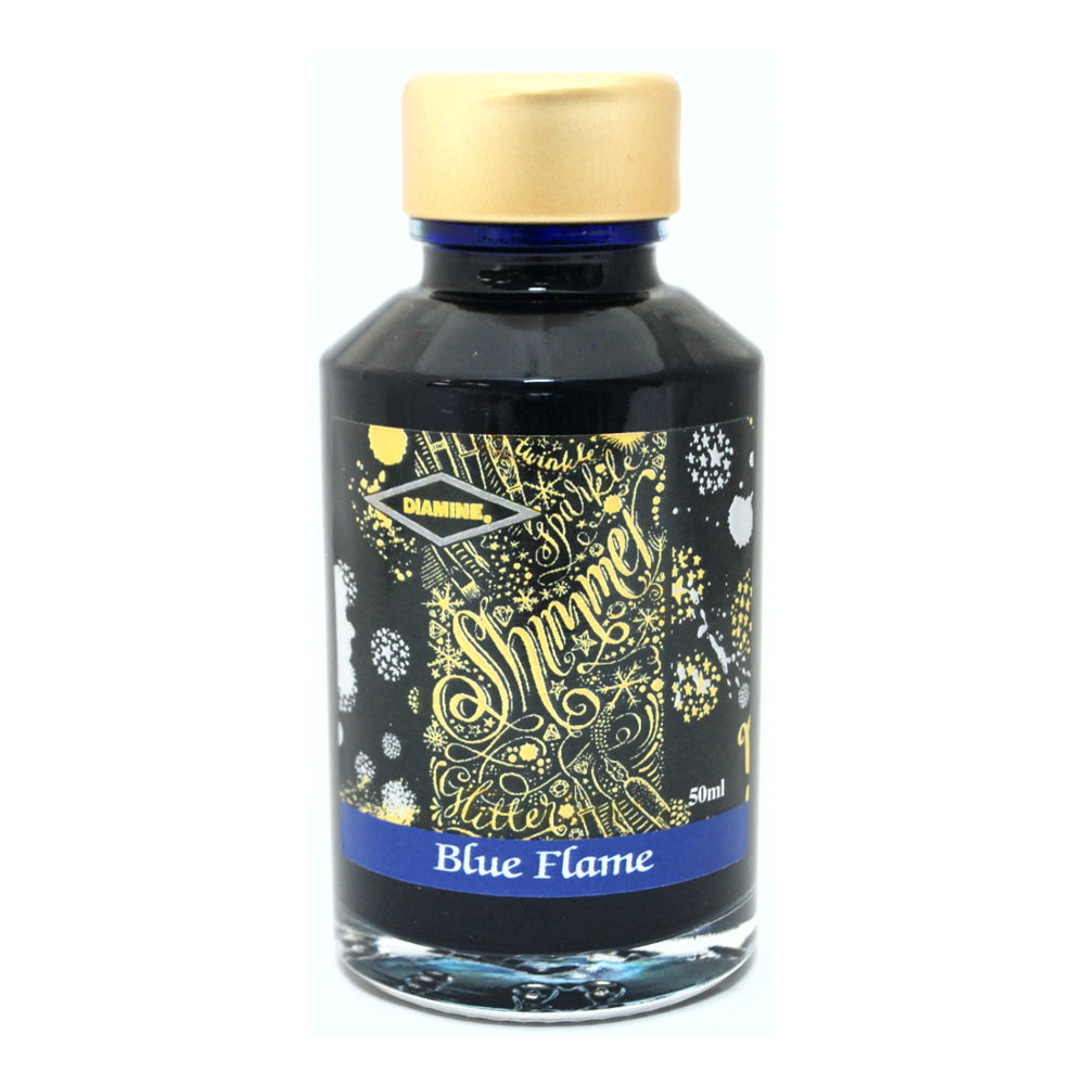 Diamine Shimmertastic Blue Flame fountain pen ink is available in a 50ml glass bottle.