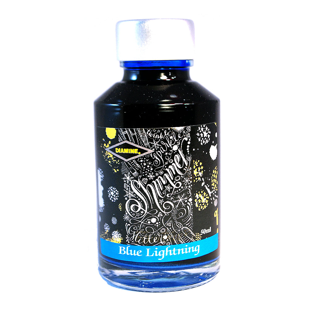 Diamine Shimmertastic Blue Lightning fountain pen ink is available in a 50ml glass bottle.