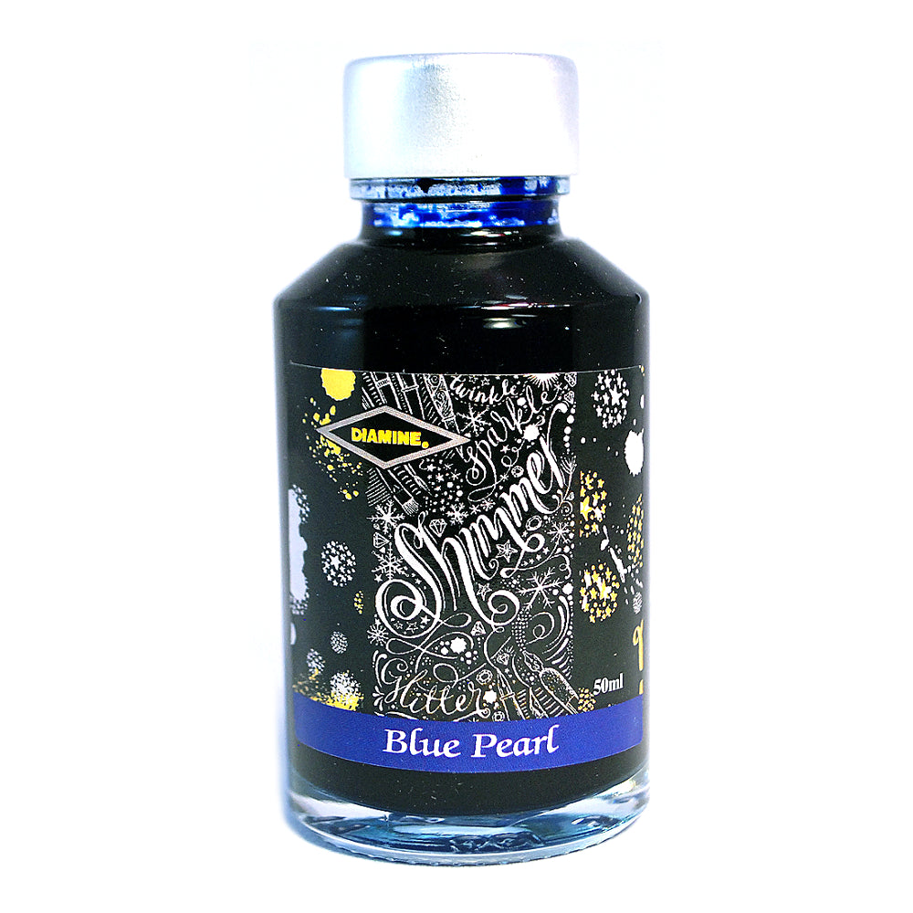 Diamine Shimmertastic Blue Pearl fountain pen ink is available in a 50ml glass bottle.