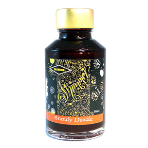 Diamine Shimmertastic Brandy Dazzle fountain pen ink is available in a 50ml glass bottle.