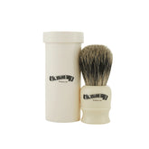 Pure Badger Travel Shave Brush with lathe turned cream handle and a screw top container.  Brush is 3 1/4" high. 17 mm knot size. Container is 3 1/2" high. Made in England.
