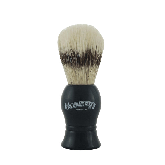 Deluxe natural boar bristle shave brush with a black molded resin handle with grey Col. Conk logo. The boar bristles will stimulate your face and mix up a great lather. Great wet shaver starter brush.  Height: 4" Knot size: 19 mm Bristle material: Boars hair. Made in England.