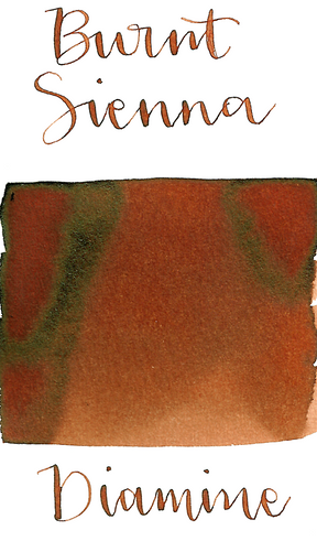 Diamine Burnt Sienna is an earthy red-brown fountain pen ink with medium shading and minimal sheen.