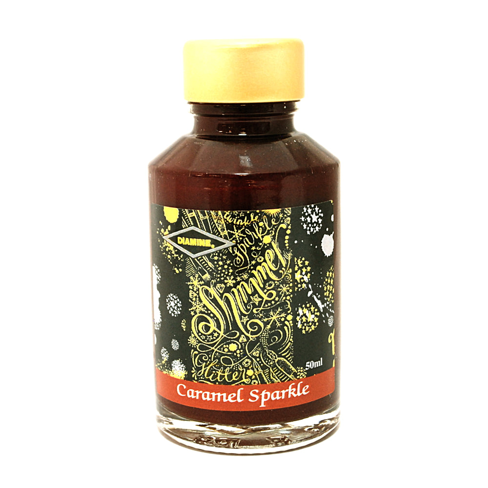 Diamine Shimmertastic Caramel Sparkle fountain pen ink is available in a 50ml glass bottle.