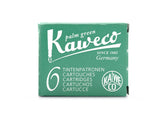 Kaweco Palm Green is a summery green fountain pen ink with medium shading and low red sheen. It dries in a quick 10 seconds in a medium nib on Rhodia and has a dry flow. Kaweco ink is made in Germany.