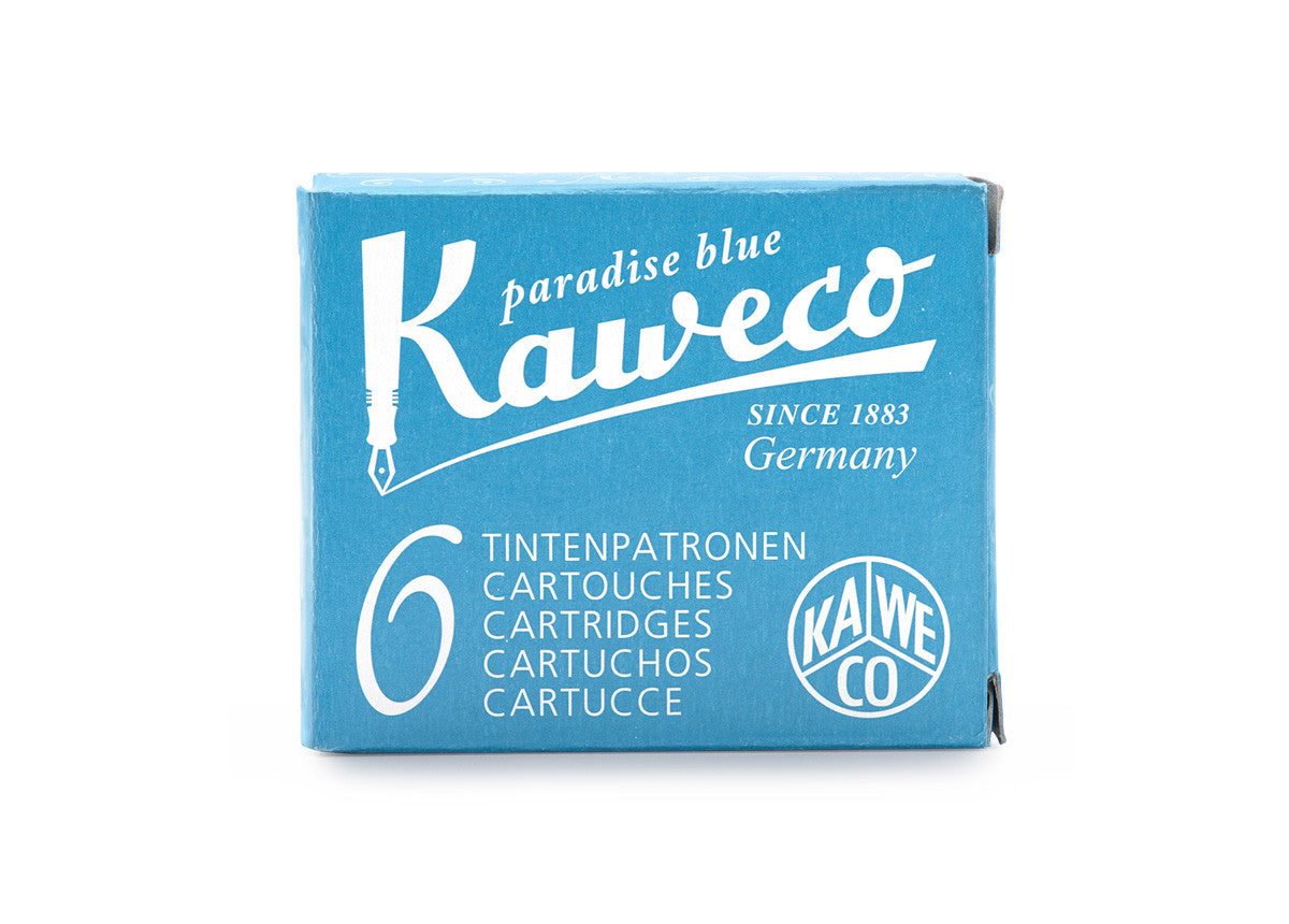 Kaweco Paradise Blue is a light summery turquoise fountain pen ink with medium shading. It dries in 40 seconds in a medium nib on Rhodia and has an average flow. Kaweco ink is made in Germany.