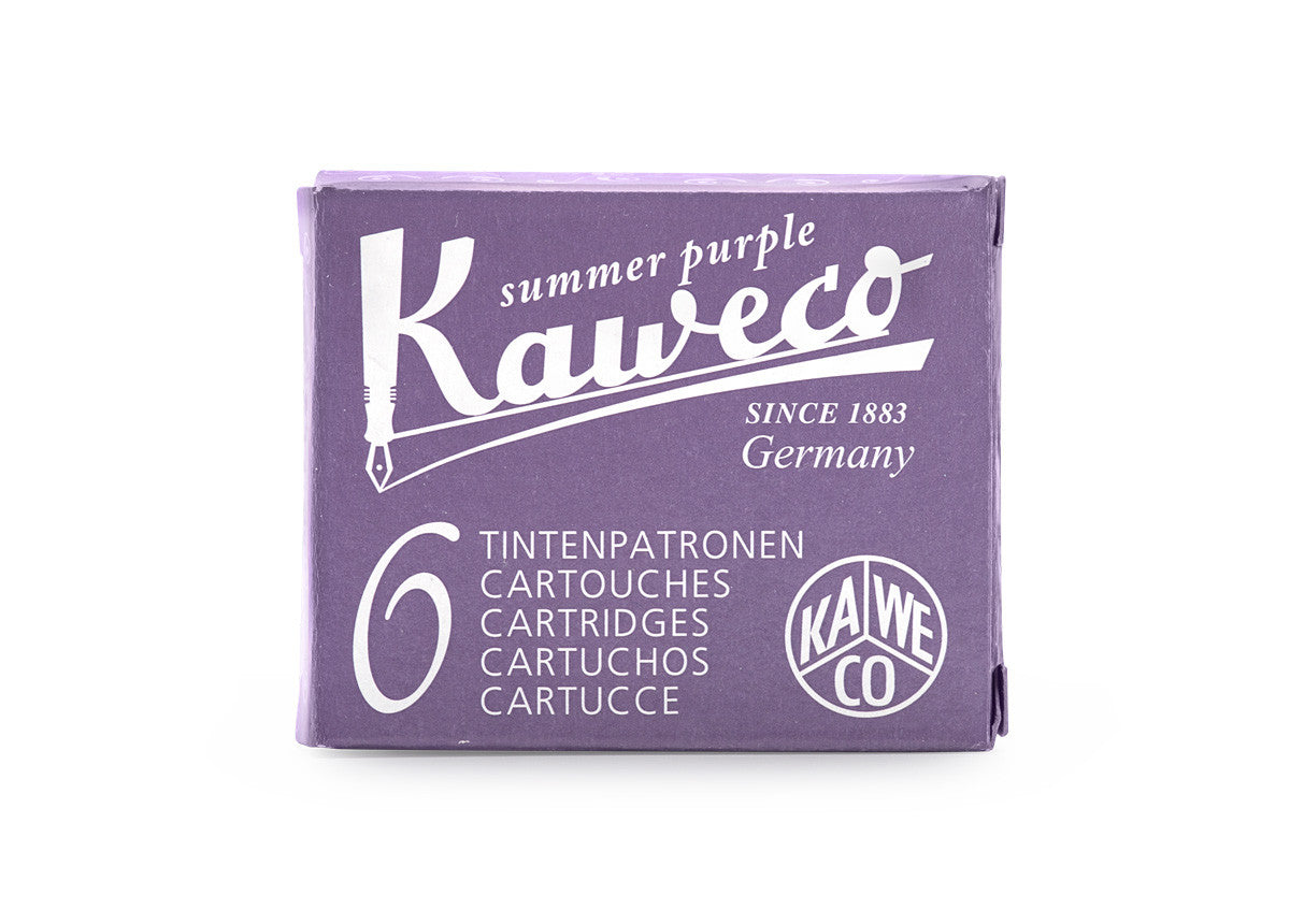 Kaweco Summer Purple  6 cartridges are a medium purple fountain pen ink with low shading and a pop of gold sheen in large swabs. It dries in a quick 10 seconds in a medium nib on Rhodia and has an average flow. Kaweco ink is made in Germany.