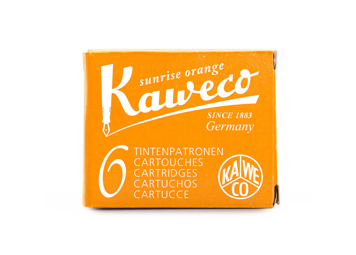 Kaweco Sunrise Orange is a medium orange fountain pen ink with medium shading. It dries in 30 seconds in a medium nib on Rhodia and has an average flow. Kaweco ink is made in Germany.
