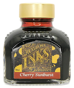 Diamine Cherry Sunburst is a medium red-brown fountain pen ink with medium shading, available in a 90ml glass bottle.