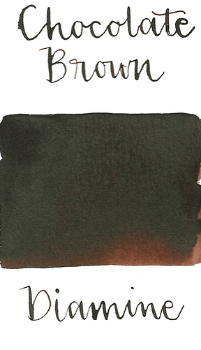 Diamine Chocolate Brown is a standard, classic brown fountain pen ink with medium shading and low black sheen.