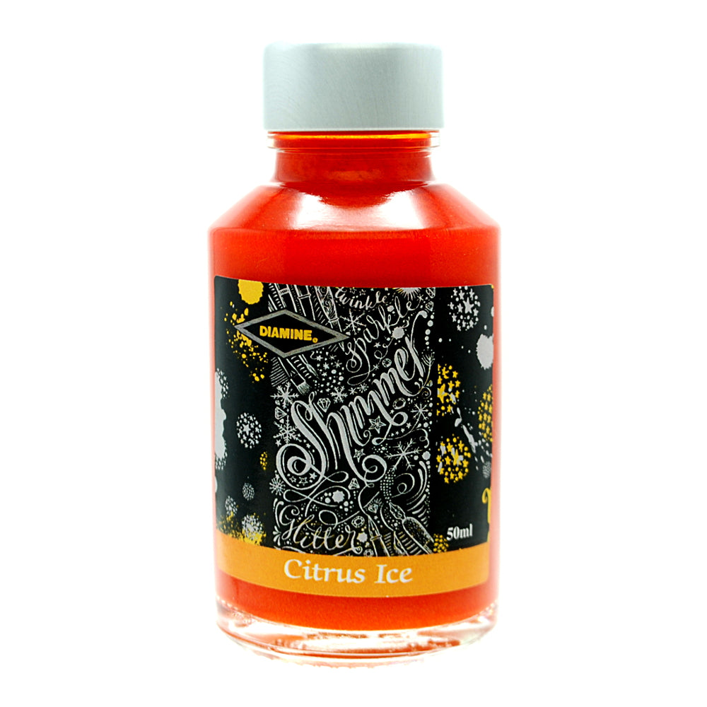 Diamine Shimmertastic Citrus Ice fountain pen ink is available in a 50ml glass bottle.