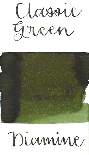 Diamine Classic Green is a dark olive green fountain pen ink with medium shading and a little bit of black sheen