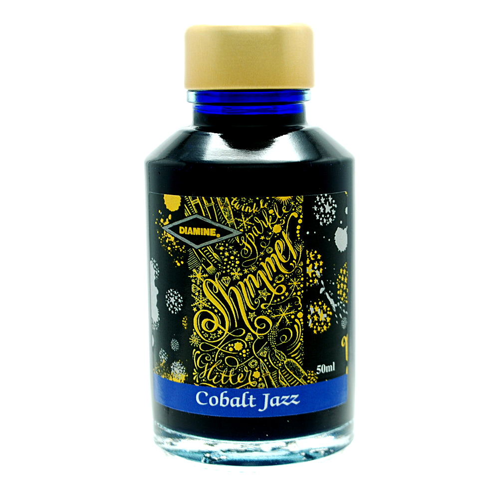 Diamine Shimmertastic Cobalt Jazz fountain pen ink is available in a 50ml glass bottle.
