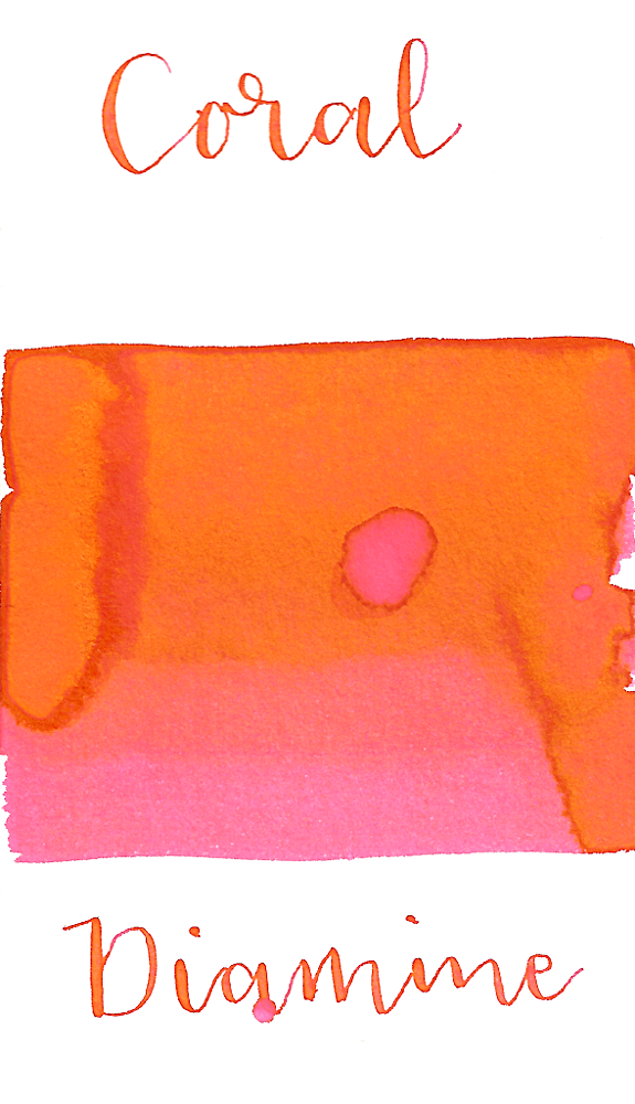 Diamine Coral is a bright orangey-pink fountain pen ink with low shading.
