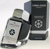 Black fountain pen ink from Caran d'Ache, made in Switzerland.  Not waterproof Available in 50ml bottle, 6-pack of standard international cartridges, or 4ml sample