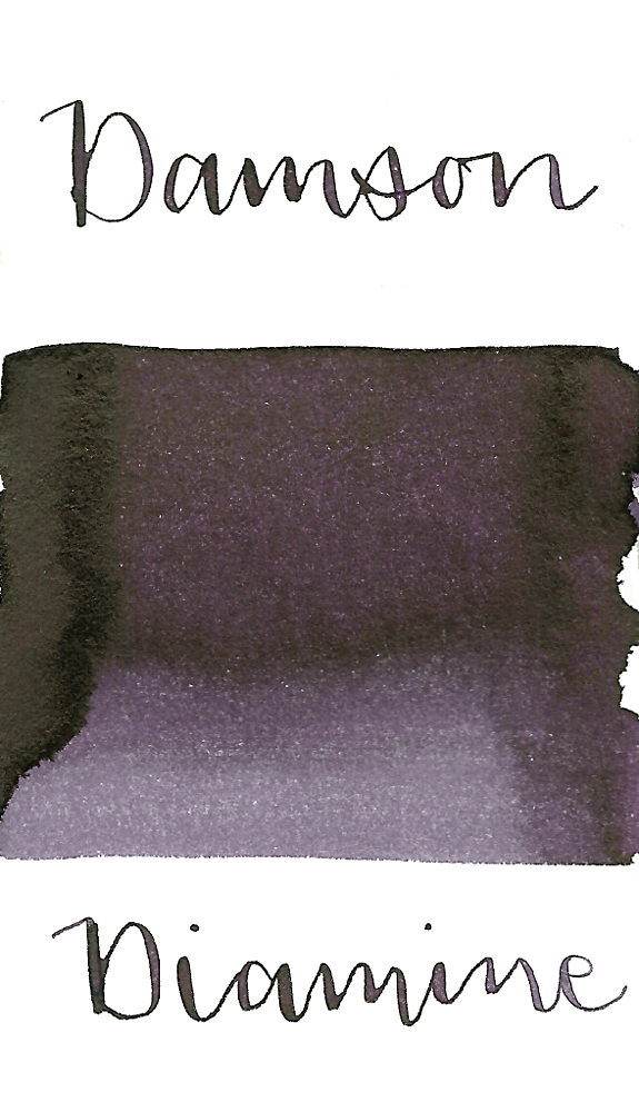 Diamine Damson is a dark, wintery purple fountain pen ink with low shading and high black sheen.