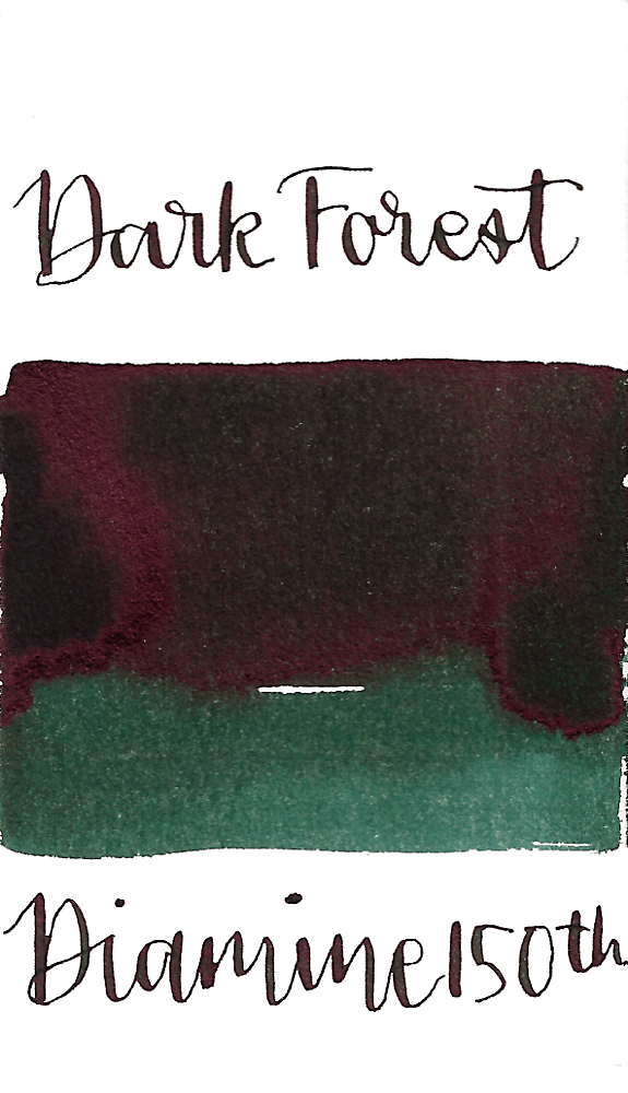 Diamine Dark Forest is a classy dark green fountain pen ink with low shading and medium red sheen.
