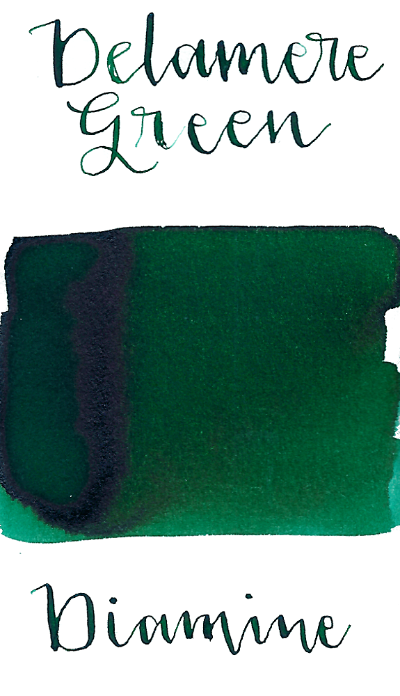 Diamine Delamere Green is a dark, classic green fountain pen ink with medium shading.