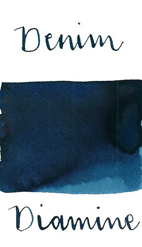 Diamine Denim is a classy dark blue fountain pen ink with medium shading and a bit of black sheen.