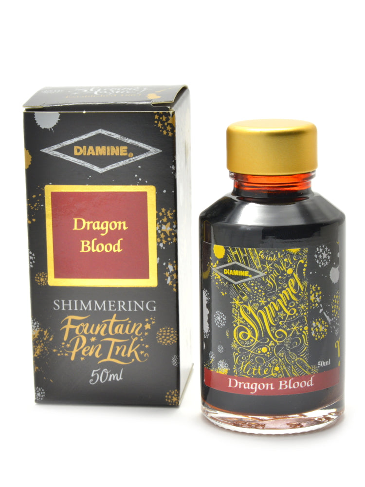 Diamine Shimmertastic Dragon Blood fountain pen ink is available in a 50ml glass bottle.